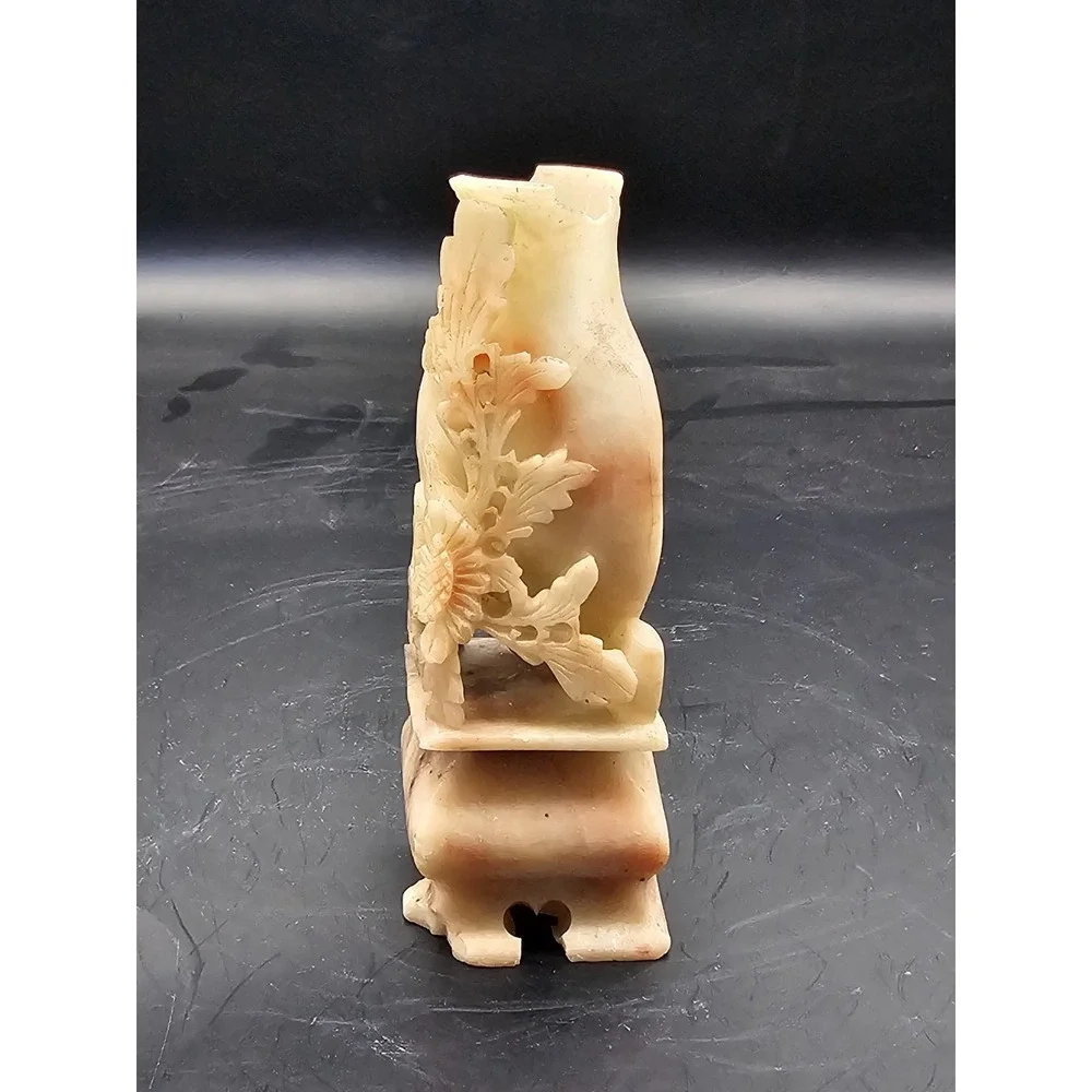 Vintage Chinese Soapstone Small Vase Hand Carved White Floral 4.5in SIGNED